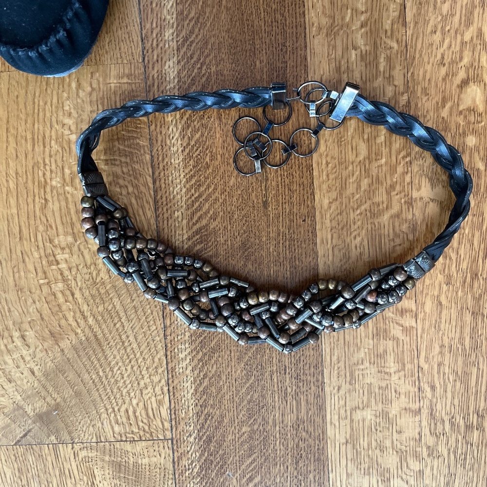 Gorgeous handcrafted woven metallic bead belt with woven black leather